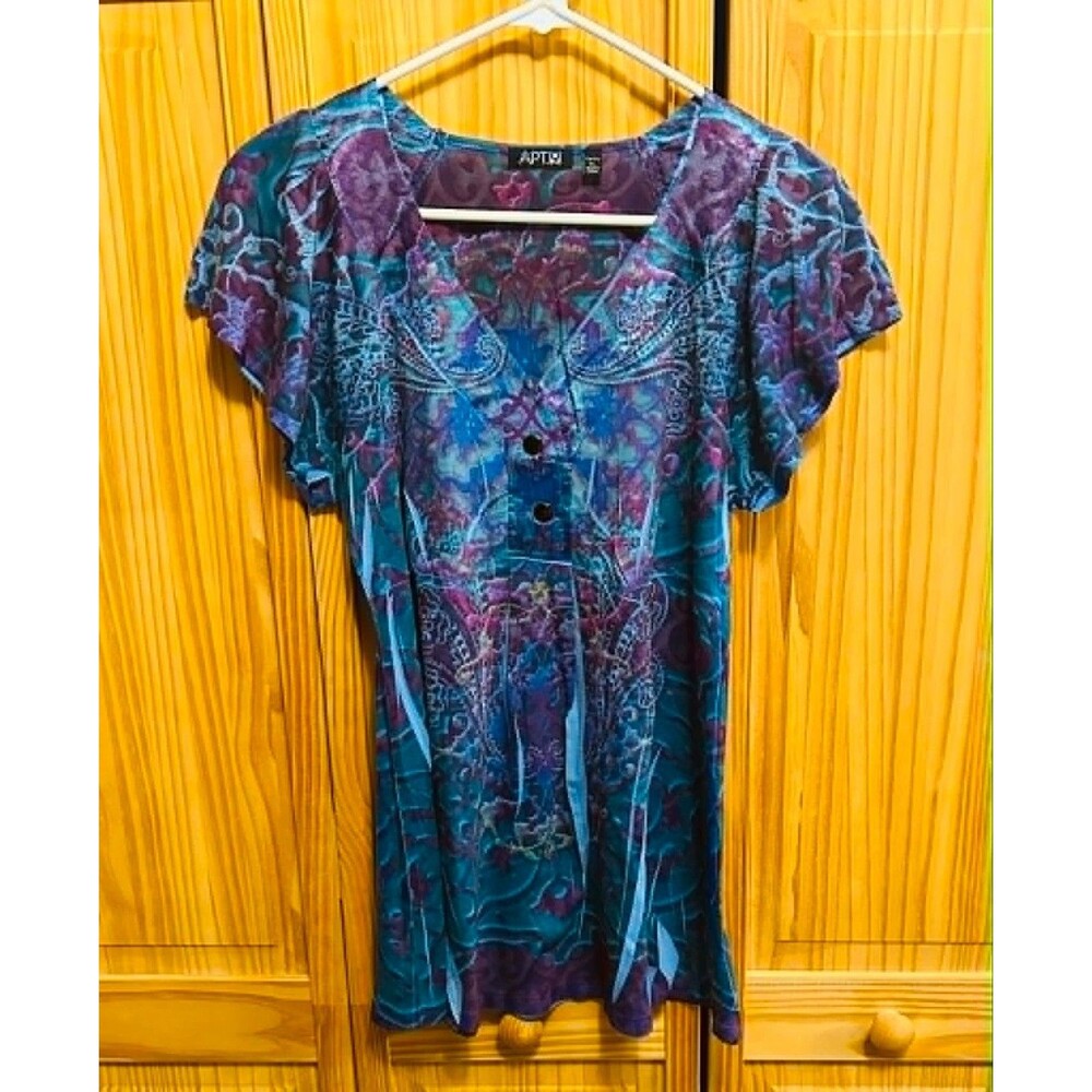 APT 9 Shirt Blouse Women’s Petite Large Blue Pink Purple Paisley Short Sleeve